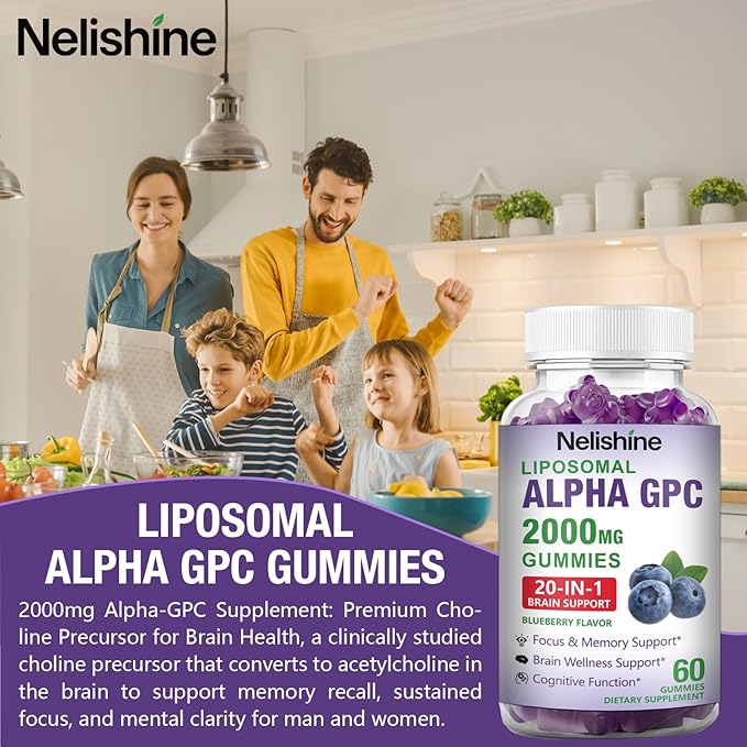 Liposomal Alpha GPC 2000mg & Citicoline Gummies Complex Phosphatidylserine,Ginkgo Biloba,L-Tyrosine,Huperzine A & B Vitamins,20-in-1 Blend for Focus, Memory & Cognitive Support