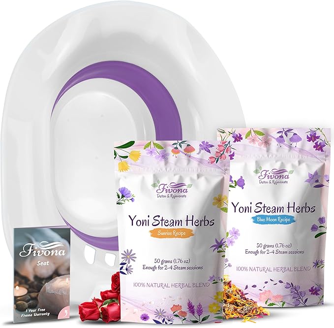 Fivona Yoni Steam Kit 3-in-1 Complete Set of Over the Toilet Foldable Steamer Seat with 1 Pack of Blue Moon and 1 Pack of Sunrise Yoni Steaming Herbs