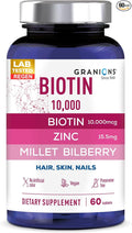 Granions Biotin 10,000 mcg Hair, Skin and Nails Pills - Extra Strength Biotin Complex with Zinc, Selenium, Millet, Bilberry, Aminos - Hair Growth Vitamins Supplement for Women & Men - 60 Tablets