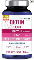 Granions Biotin 10,000 mcg Hair, Skin and Nails Pills - Extra Strength Biotin Complex with Zinc, Selenium, Millet, Bilberry, Aminos - Hair Growth Vitamins Supplement for Women & Men - 60 Tablets