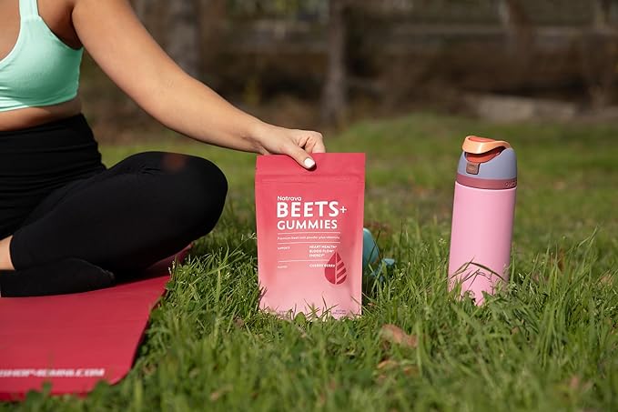 Natrava Beets+ Gummies - Premium Beet Root Powder, Grape Seed Extract and Vitamin C - Supports Healthy Blood Pressure and Heart Health - Low Sugar Nitric Oxide and Circulation Supplement - 50 Gummies