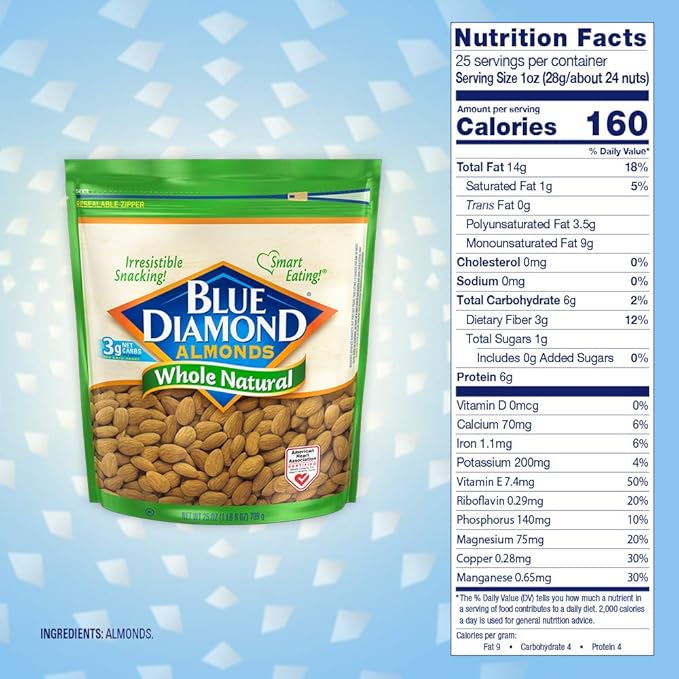 Blue Diamond Almonds Whole Natural Raw Snack Nuts, 25 Oz Resealable Bag (Pack of 2)