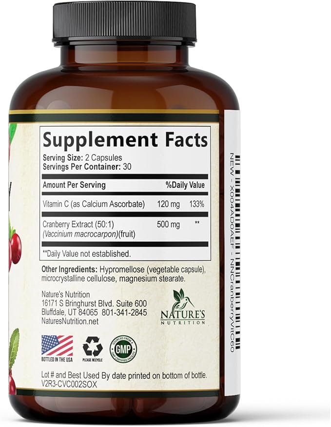 Cranberry Supplement Pills - 500mg Cranberry Extract & High Potency Vitamin C Per Serving - Urinary Tract Health Support for Women & Men - Vegan, Gluten Free, Non-GMO, Made in USA - 60 Capsules
