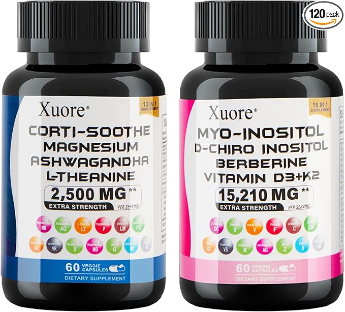 cortisol & myo-inositol Supplement Bundle with ashwagandha, Magnesium, l-theanine, d-Chiro inositol, folate, Berberine, chasteberry for Stress Relief & Balance