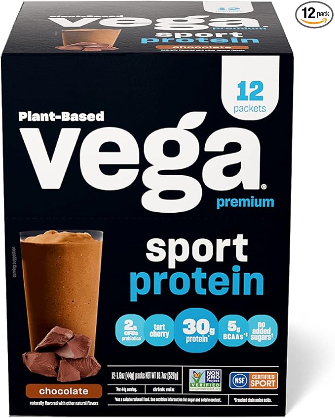 Vega Protein + Recovery - 30g Plant-Based Protein per Serving, Chocolate, 12 x 1.6oz Sachets, 5g BCAAs, Probiotics, NSF Certified, for Shakes & Smoothies, (Packaging May Vary)