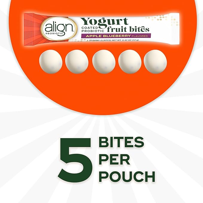 Align Probiotic, Yogurt Coated Probiotic Fruit Bites, Helps Support Digestive Health, From the Maker of the #1 Doctor Recommended Probiotic Brand‡, Apple Blueberry Flavor, 21 Pouches