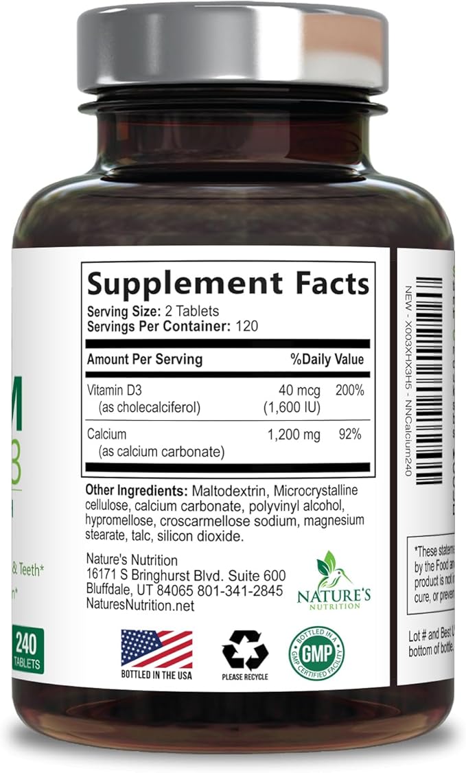 Calcium Supplement with Vitamin D3-1200 mg Calcium per Serving with D3 for Best Absorption - Supports Immune Health, Bones & Teeth - Nature's Calcium is Bottled in USA for Women & Men - 240 Tablets