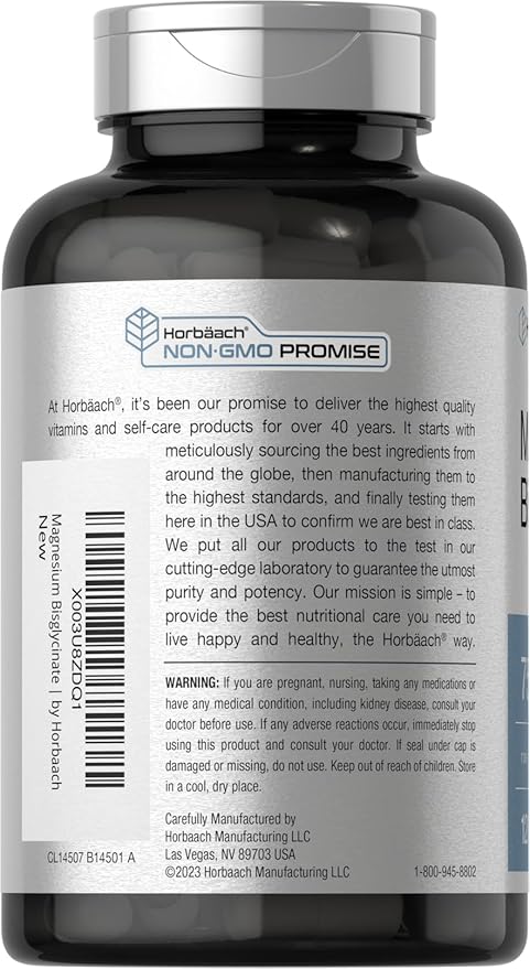 Horbäach Magnesium Bisglycinate | 120 Capsules | 750mg | Non-GMO and Gluten Free Supplement