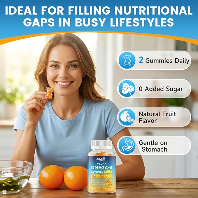 Vegan Omega 3 Gummies 1000MG Algal Oil Omega 3 Supplement for Adults with Algae DHA 600mg & EPA 300mg Fish Oil Alternative - for Eye & Immune Health, No Fish Taste, Orange Flavor, 60 Count