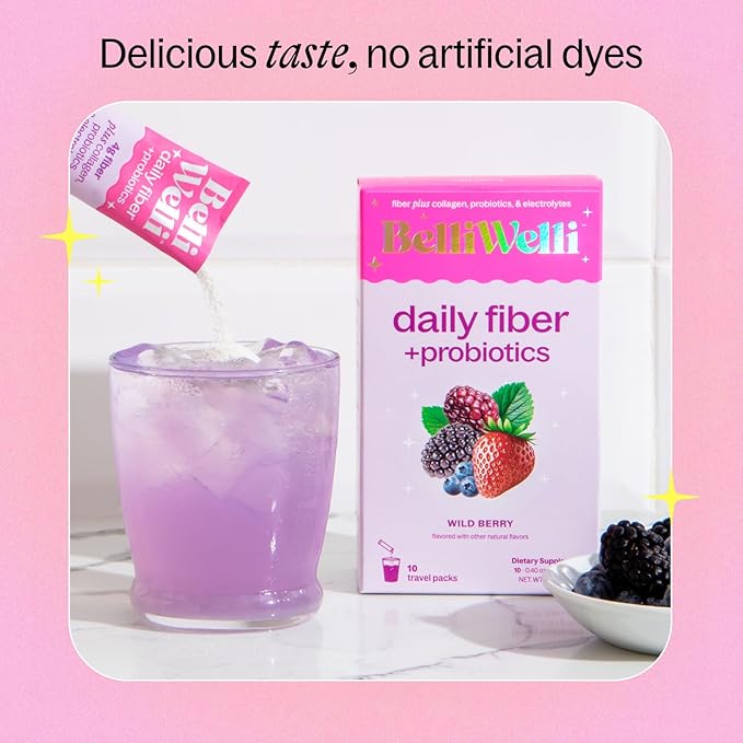 Belli Welli Daily Fiber Supplement Packets with Collagen, Probiotics & Electrolytes | Single Serve Packets for Gut Health, Digestion & Debloating | Wild Berry | 10 Count
