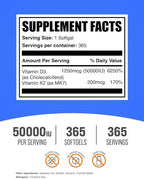 BulkSupplements.com Vitamin D3 50,000IU + Vitamin K2 200mcg Softgels - 365 Count (Pack of 1)