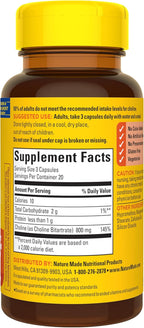 Nature Made Extra Strength Dosage Choline Supplements 800 Mg Per 3 Capsules, Brain Health, Mood, Muscle & Liver Support, Vegetarian, 60 Capsules, 20 Day Supply