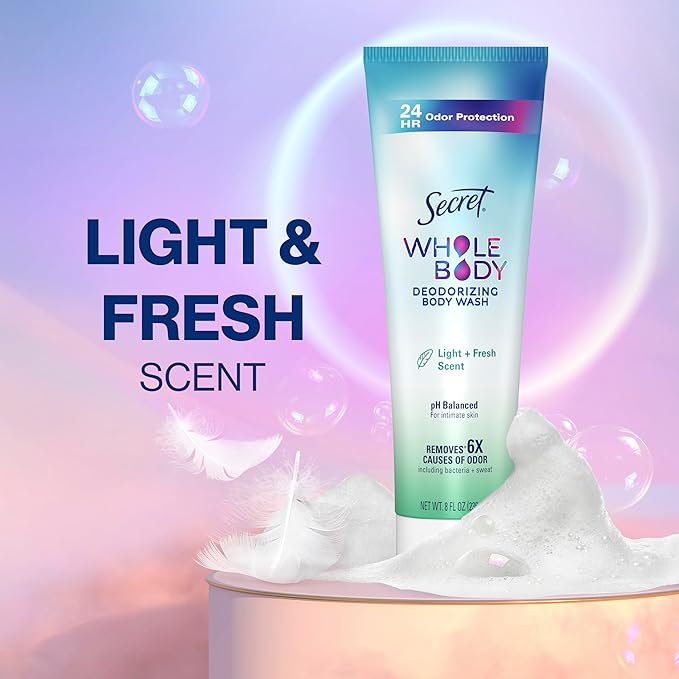 Secret Feminine Wash, 24 HR Deodorizing Feminine Body Wash for Women, Removes 6x Causes of Odor, PH Balanced, Safe to Use Everywhere, Light & Fresh, 8.0 oz, (Pack of 2)