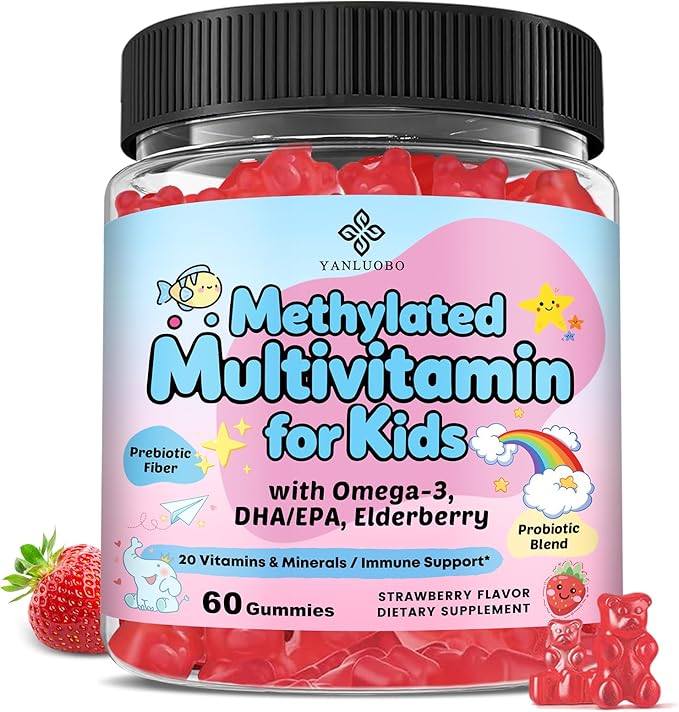 Kids Multivitamin Gummies with Omega-3 (Dha+Epa), Methylated B12 & Folate, B6, B2 & Elderberry, Vitamin D3, C, A, E, Zinc, Postbiotics, Choline | for Brain, Eye & Immune, Clean, Sugar Free, 60 Cts