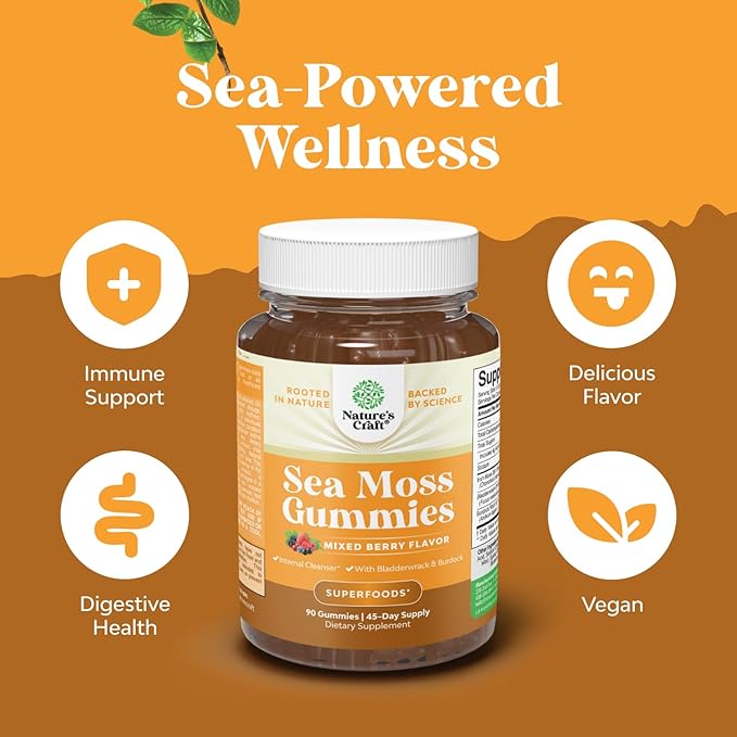 Natures Craft Irish Sea Moss Gummies for Women Men & Kids - Immune Support Supplement with Irish Sea Moss, Bladderwrack & Burdock Root - Detox Gummies for Body Cleanse - 90 Count