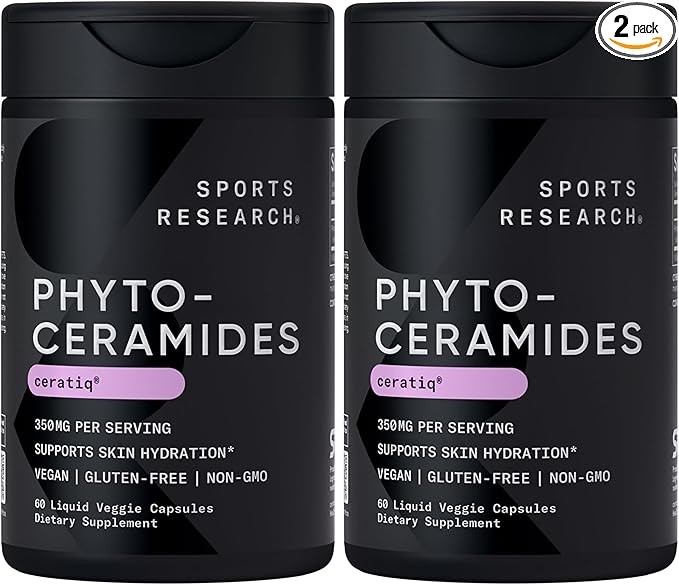 Sports Research® Phytoceramides 350 mg per Veggie Capsule - Plant Derived Ceramides for Healthy Skin and Hydration - Made with Ceratiq® · Non-GMO · Vegan Friendly - 60 Count (Pack of 2)