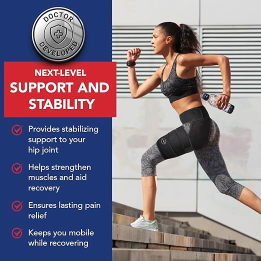 Doctor Developed Strengthening & Stabilizing Hip Brace for Men & Women - Hip Brace for Sciatica Pain Relief - Compression Wrap for Hips Pain- Thigh Supports With Medical Handbook (S/M, Black)