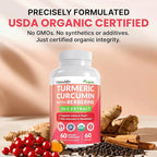 5-in-1 USDA Organic Turmeric Curcumin Supplement - 230mg with Berberine, Ceylon Cinnamon Bioperine and Ginger Supplements for Mobility, Digestion & Wellness Support, USDA Organic, 60 Servings, 1-Pack