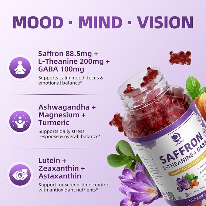 Lukaree 10-in-1 Saffron Gummies Supplements for Mood, Focus & Eye Support with L-Theanine 200mg, GABA, Ashwagandha, Lutein, Zeaxanthin & Astaxanthin, Sugar Free, Vegan, Berry Flavor, 60 Count