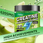 Creatine Monohydrate Gummies for Men & Women - 6205mg per Serving, Containing L-carnitine & Taurine, Post Workout Muscle Recovery, Strength & Energy Boost, Sugar Free & Vegan (60, Green Apple)