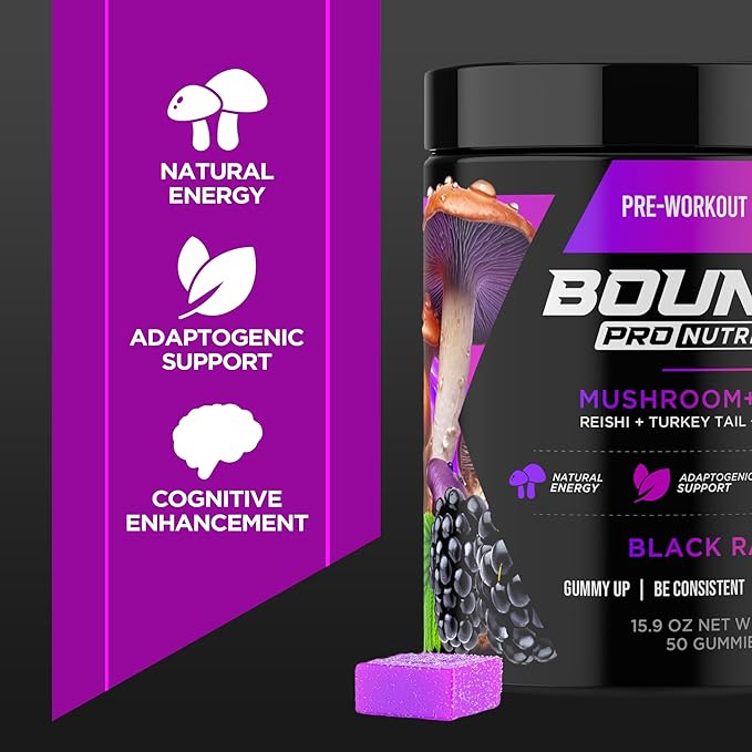 Bounce Pro Pre Workout Gummies – 50 Vegan Chewable Gummies with Caffeine, Lion’s Mane & L-Theanine for Energy, Focus & Endurance – Mushroom Preworkout for Men & Women – Black Razz Flavor