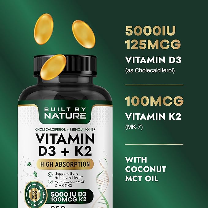Built by Nature Vitamin D3 K2 5000 IU + 100 mcg MK-7 - Extra Strength, High Absorption - Bone, Heart & Immune Support - Coconut MCT Oil - Non-GMO – 1 Year Supply - 360 Softgels