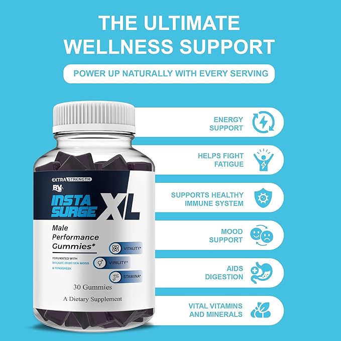 BLUE VIBE Insta Surge XL Performance Gummies, InstaSurgeXL Advanced Overall Health and Daily Natural Performance Formula Supplement, InstaSurge XL Maximum Support (1 Pack - 30 Gummies)