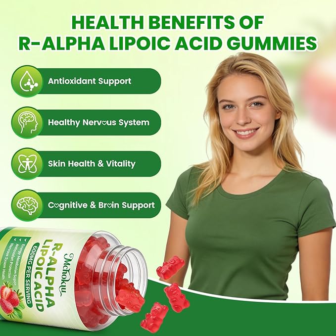 R Alpha Lipoic Acid 600mg Gummies, Stabilized R-Alpha Lipoic Acid, ALA Supplement for Nerve Health, Antioxidant & Metabolism Support- Vegan, Non-GMO, Gluten Free, Strawberry Flavor - 120 Count