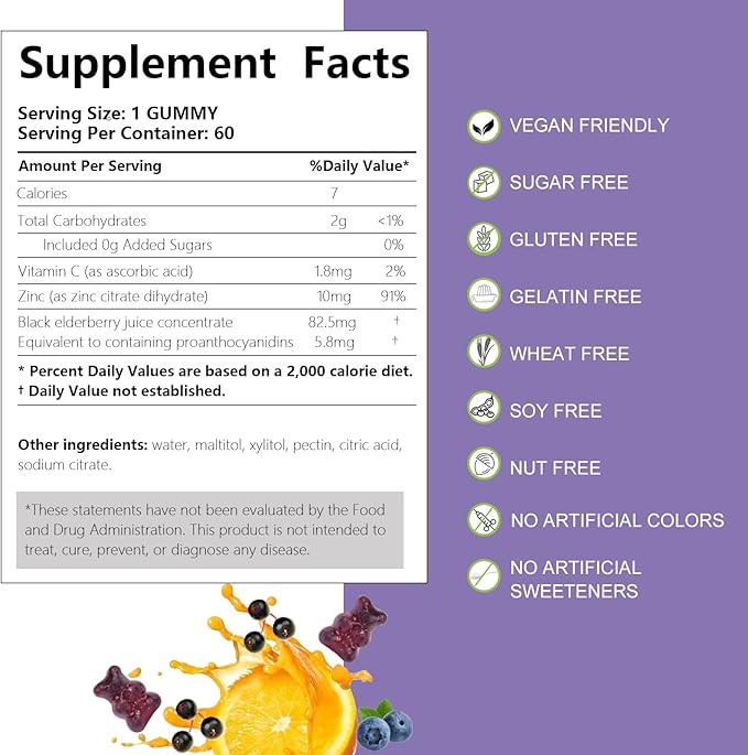 AFXMATE Sambucus Black Elderberry Gummies with Zinc and Vitamin C for Adults Kids Immune Support, Sugar Free Elderberry 120 Counts