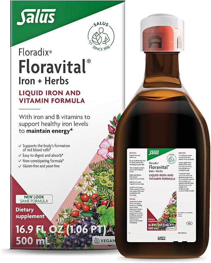 Floradix Floravital Liquid Iron & Vitamin Formula - Liquid Iron Supplement with C & B Vitamins & Herbs for Energy Support - Vegan, Gluten-Free, Yeast-Free & Non-GMO-16.9 Fl Oz