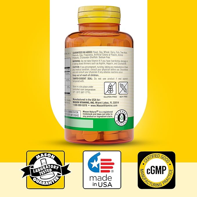 MASON NATURAL Vitamin K2 + D3, 300,Day Supply, with Calcium for Normal Bone and Muscle Support, 100 Tablets (Pack of 3)