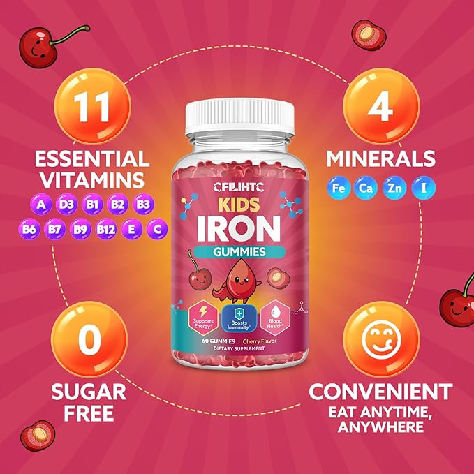 Iron Gummies for Kids & Teens, Kids Multivitamin with Iron Supplement, Calcium, Folate, Zinc, Prebiotic - for Blood Builder & Energy Support, Iron Deficiency - Vegan & Non-GMO - 60 Count Cherry