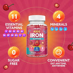 Iron Gummies for Kids & Teens, Kids Multivitamin with Iron Supplement, Calcium, Folate, Zinc, Prebiotic - for Blood Builder & Energy Support, Iron Deficiency - Vegan & Non-GMO - 60 Count Cherry