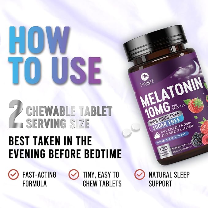 Melatonin 10mg Per Serving - Fast Dissolve Sleep Support Supplements for Adults - Extra Strength Melatonin Tablets for Restful Sleep Support, Strawberry Flavor, Vegetarian - 60 Day Supply