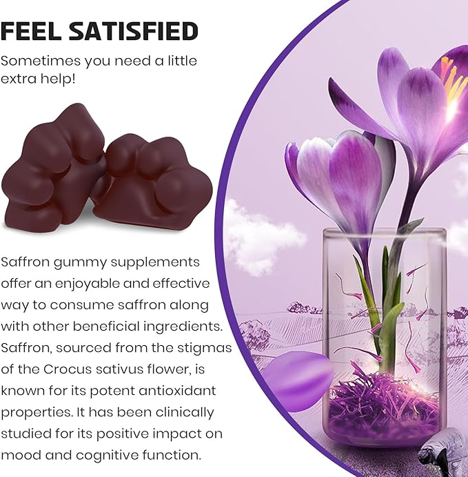 Saffron Gummies 88.5 mg with Magnesium, Max Strength Saffron Supplements with St. John’s Wort, GABA, Rhodiola, Rosemary & Passion Flower Extracts for Mood, Focus - 60 Servings