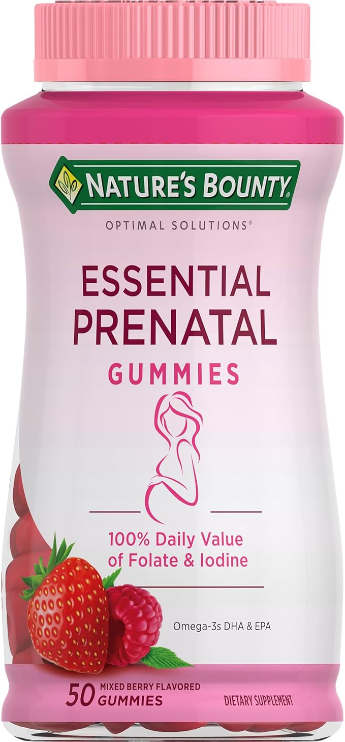 Nature's Bounty Optimal Solutions Essential Prenatal Gummies, Folic Acid and Iodine, Omega 3 and DHA, 50 Count, 25 Total Servings