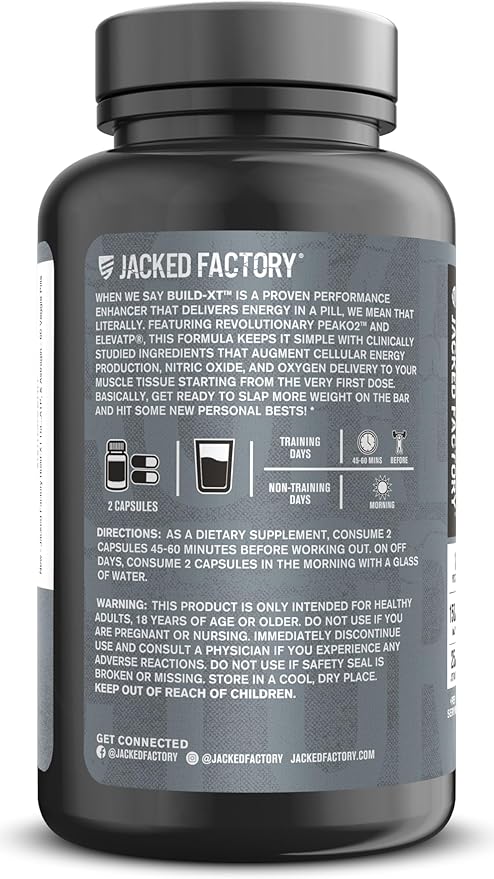 Jacked Factory Build-XT Daily Muscle Builder & Performance Enhancer - Muscle Building Supplement for Muscular Strength & Growth | Trademarked Ingredients Peak02, ElevATP, & Astragin - 60 Veggie Pills