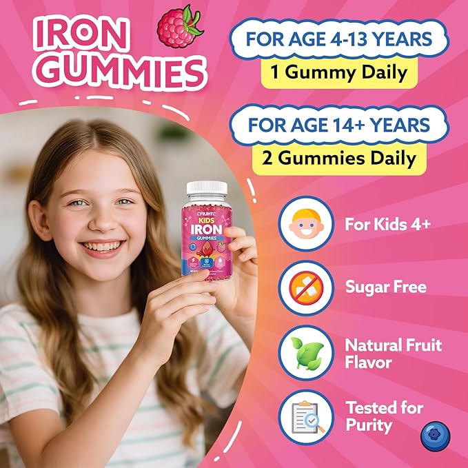 Iron Gummies for Kids & Teens, Kids Multivitamin with Iron Supplement, Calcium, Folate, Zinc, Prebiotic - for Blood Builder & Energy Support, Iron Deficiency - Vegan & Non-GMO - 60 Count Mixberry