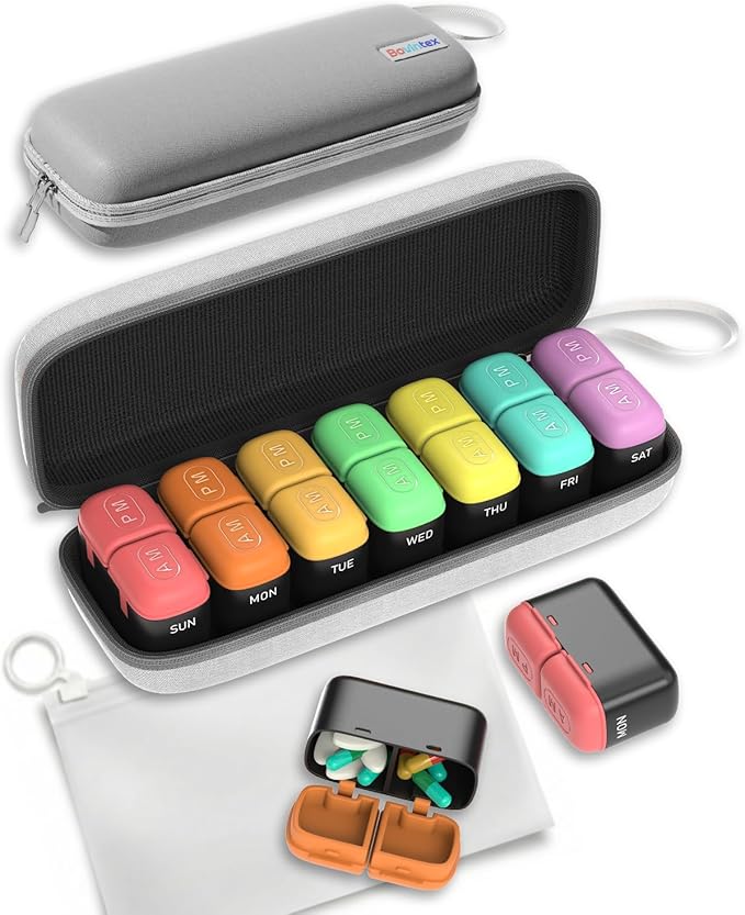 Weekly Pill Organizer 2 Times a Day, 7 Day Travel Medicine Pill Organizer with Moisture-Proof Silicone Lid, AM PM Daily Pill Box for Vitamins & Supplements, Aesthetics Pill Case(Rainbow)