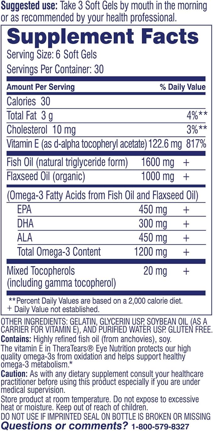 TheraTears Omega 3 Supplement for Eye Care,1200mg Fish Oil and Organic Flaxseed Oil with Vitamin E,180 Count (Pack of 2)