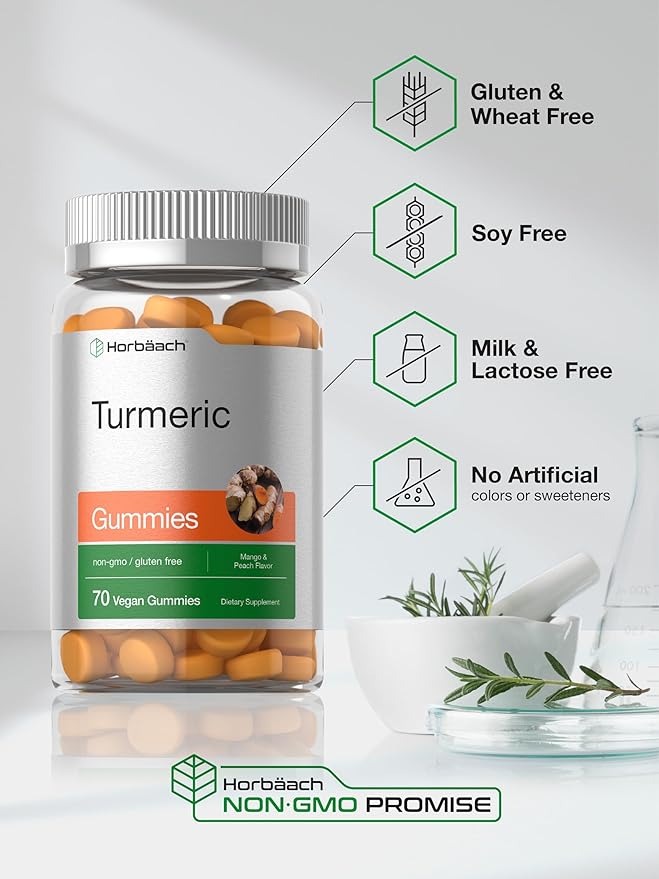 Horbäach Turmeric Gummies | 70 Count | Mango & Peach Flavor | Turmeric Curcumin with Ginger | Vegan Non-GMO & Gluten Free Supplement