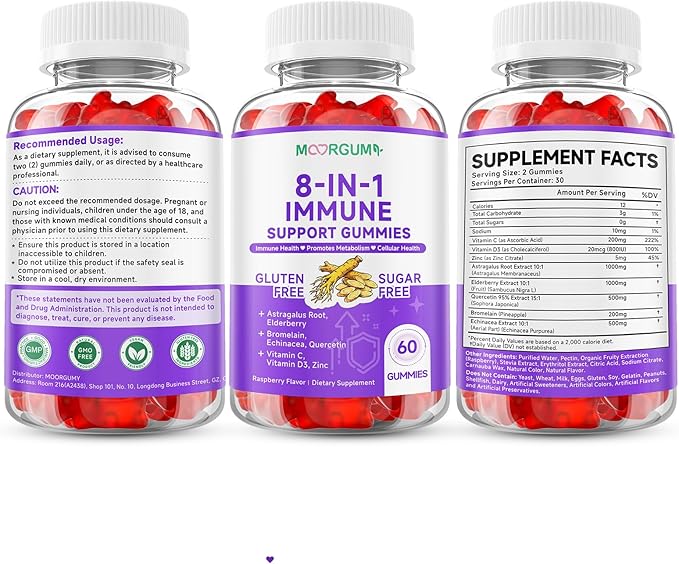 Immune Support Gummies – 8-in-1 Formula Herbal Supplements with Astragalus, Elderberry, Quercetin, Bromelain, Echinacea, Vitamin C, D3 and Zinc for Everyday Balance, Raspberry Flavor, 60 Count
