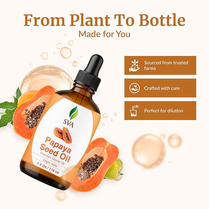 SVA Papaya Seed Oil - 4 Fl Oz – 100% Natural Cold Pressed Papaya Oil - for Face, Skin Care, Hair Care, Scalp Massage & Body Massage – Carrier Oil with Dropper