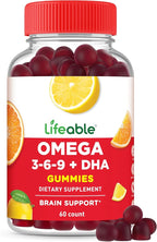 Lifeable Omega 3 6 9 Gummies | with Vegan DHA Supplement | Fish Oil Alternative from Plant Based Flaxseed Oil | Great Tasting Omega 3 Supplement | for Adults, Men & Women | 60 Gummies