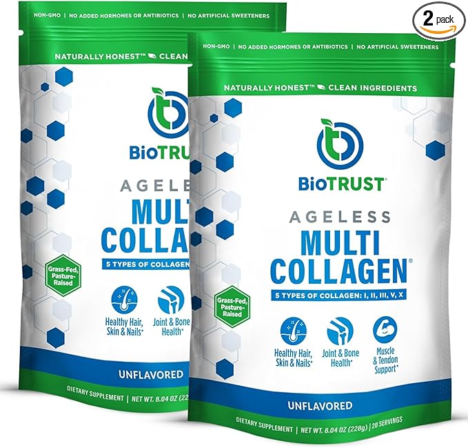 BioTrust Ageless Multi Collagen Peptides Powder – 5 Types (I, II, III, V, X) – Unflavored Collagen Powder for Women & Men – Hydrolyzed Protein – Grass Fed Beef, Fish, Chicken, Eggshell Membrane, 2-pk