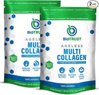 BioTrust Ageless Multi Collagen Peptides Powder – 5 Types (I, II, III, V, X) – Unflavored Collagen Powder for Women & Men – Hydrolyzed Protein – Grass Fed Beef, Fish, Chicken, Eggshell Membrane, 2-pk