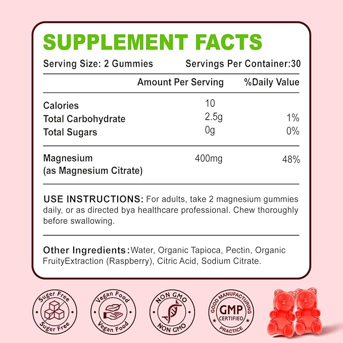 Magnesium Citrate Gummies 400MG, High Absorption Magnesium Gummies for Adults, Muscle & Teeth Support, Vegan 60 Cts