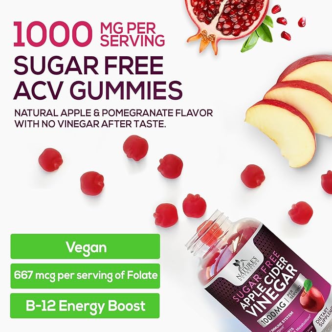 Apple Cider Vinegar Gummies for Weight Loss, Zero Sugar - Apple Cider Vinegar Powder 1000mg Per Serving - Vegan Apple Cider Vinegar Gummy for Detox & Cleanse - Sugar Free ACV Supplement - 60 Gummies