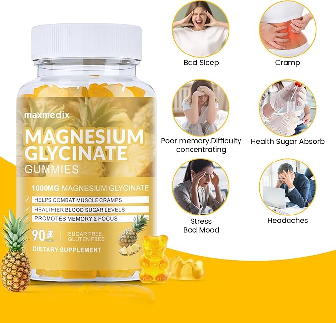 Magnesium Glycinate Gummies 1000mg, Sugar Free Magnesium Potassium Supplements Chewable for Adults with L-Threonate for Sleep, Body Support and Relaxation,90 Pineapple Gummies
