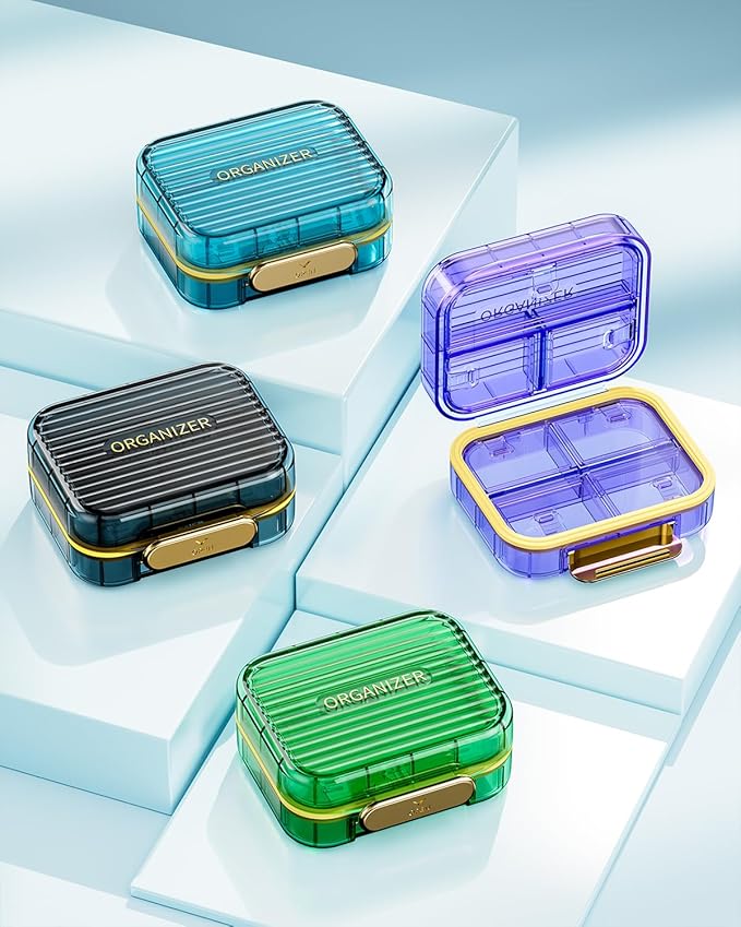 Small Pill Box, Acedada Travel Pill Case for Purse, Portable 7 Compartments Daily Pill Organizer, Compact Medicine Vitamin Container for Fish Oil & Supplements, Light Green